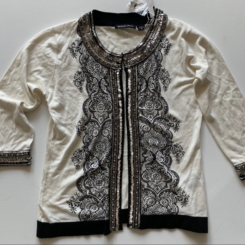 Michael Simon black & ivory beaded cardigan size M
